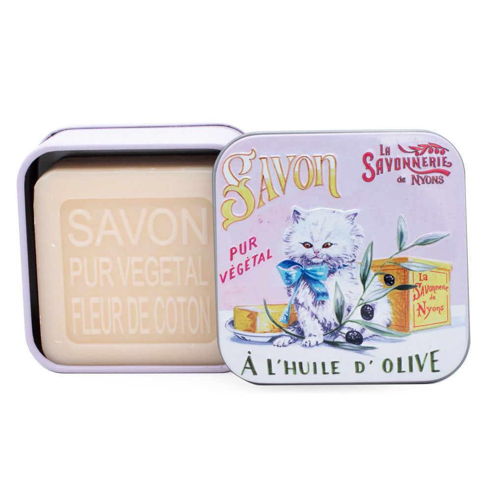 Savon Parfumé Fleur De Coton Boite Métal Chat blanc 100gr
