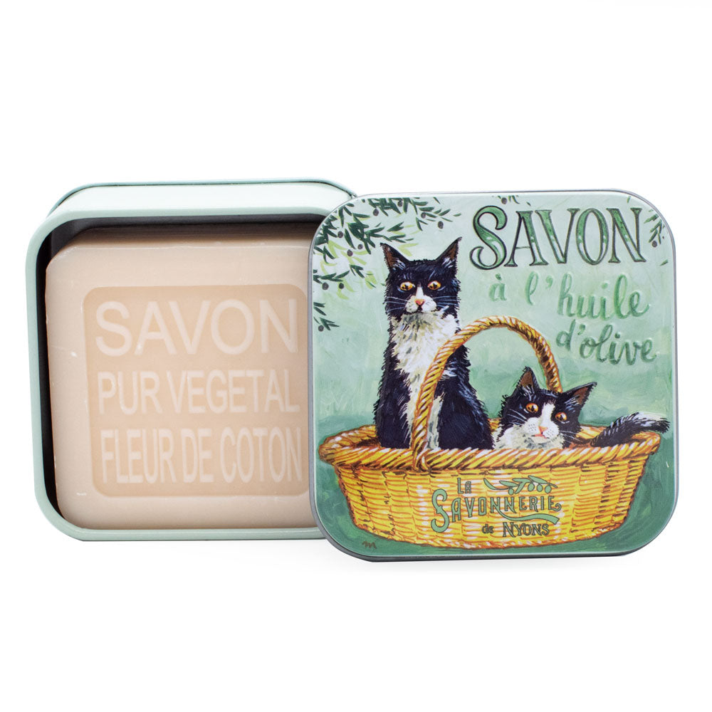 Savon Parfumé Fleur De Coton Boite Métal Chat noir 100gr