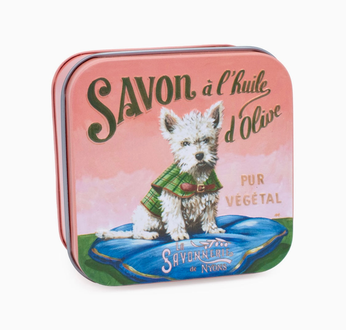 Savon Parfumé Rose Boite Métal Chien Westie Blanc 100gr