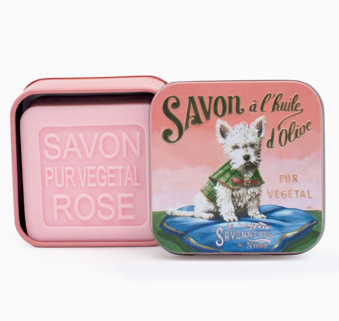 Savon Parfumé Rose Boite Métal Chien Westie Blanc 100gr
