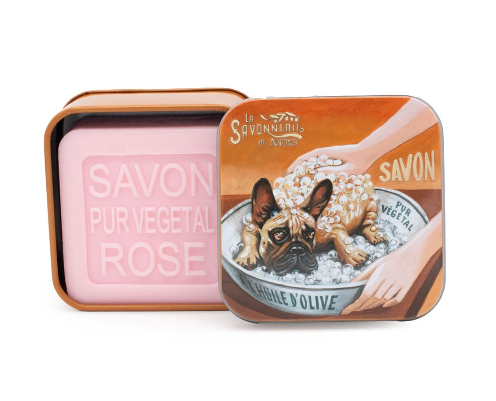 Savon Parfumé Rose Boite Métal Chien Bulldog 100gr