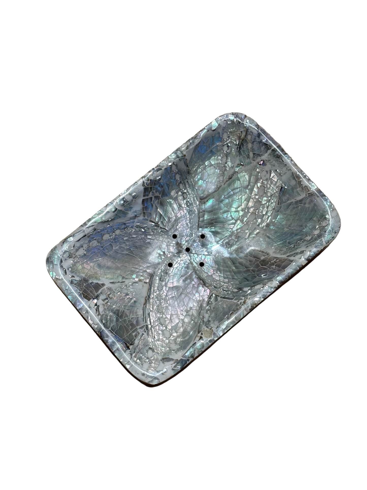 Rectangular Olive Wood Soap Dish with White Mother-of-Pearl Flower